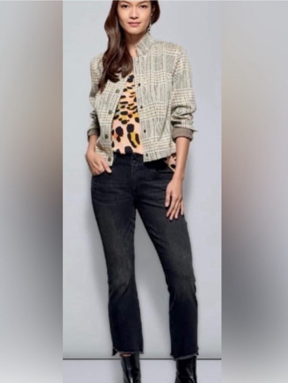 CAbi Hi-Low Crop In Washed Faded Black Denim Jeans Style 4519 Size 8